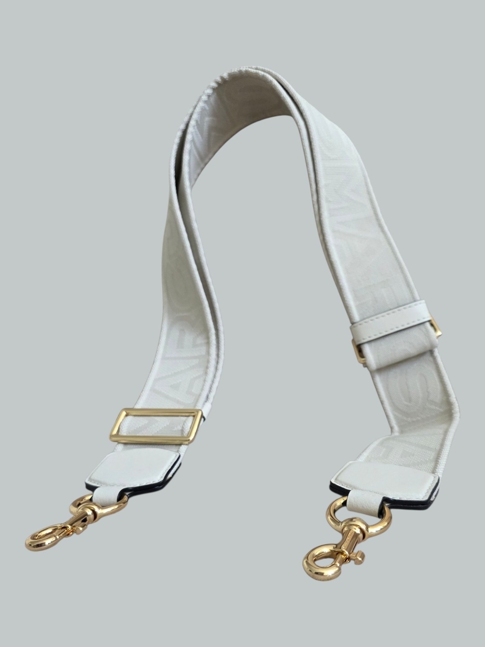 Marc Jacobs The Outline Logo Webbing Crossbody Bag Guitar Strap White Gold Lux